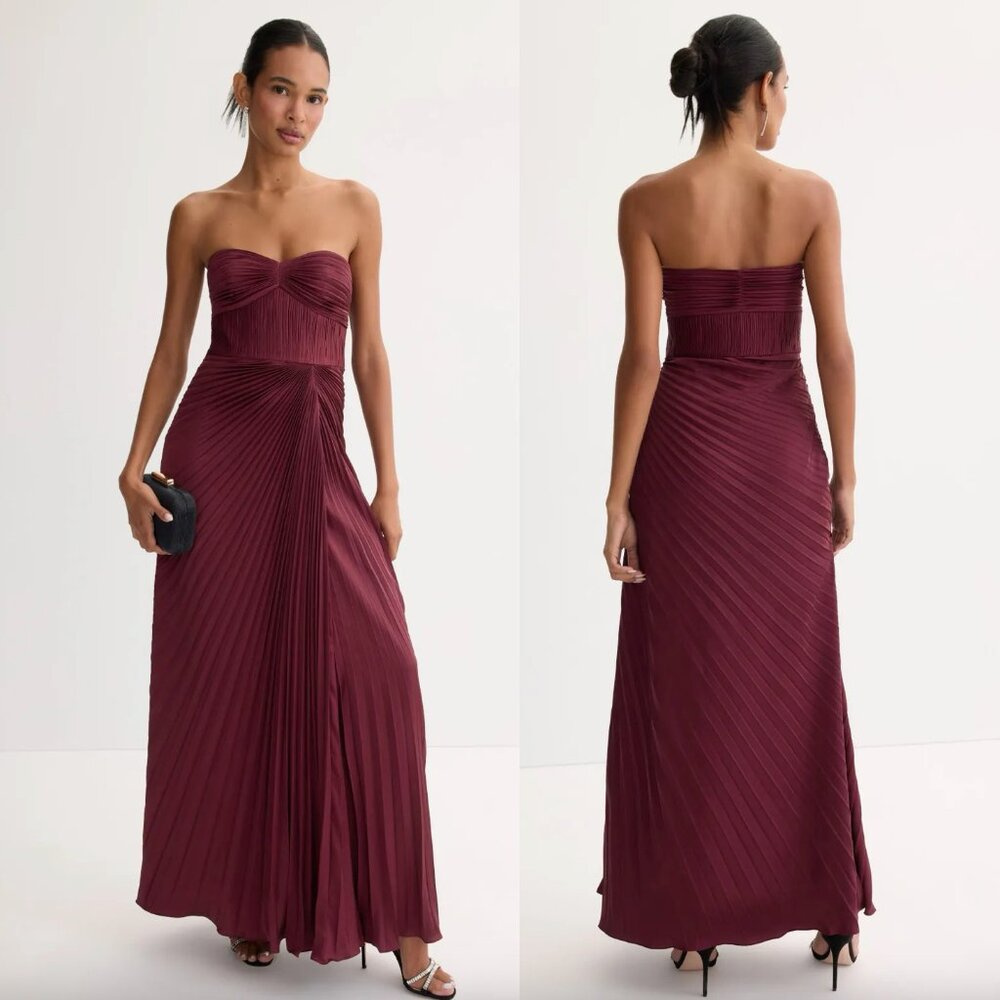 AMUR Strapless Pleated Maxi Dress in Deep Burgundy